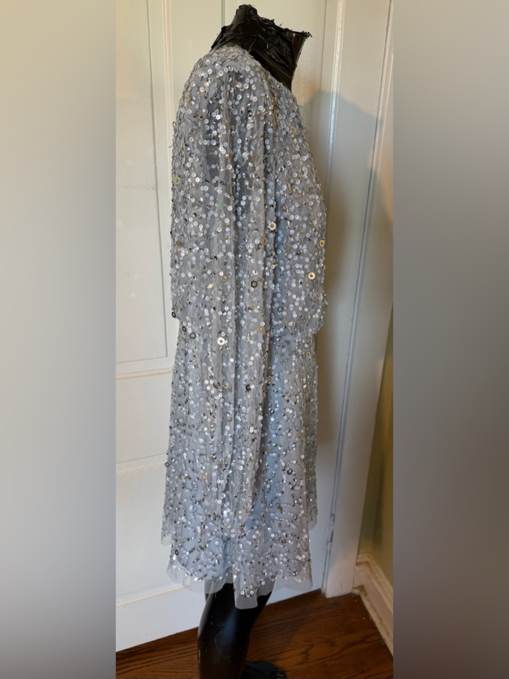 Adrianna Papell Silver Sequin Long-Sleeve Beaded A-Line Cocktail Dress - Size 6 - Picture 9 of 13